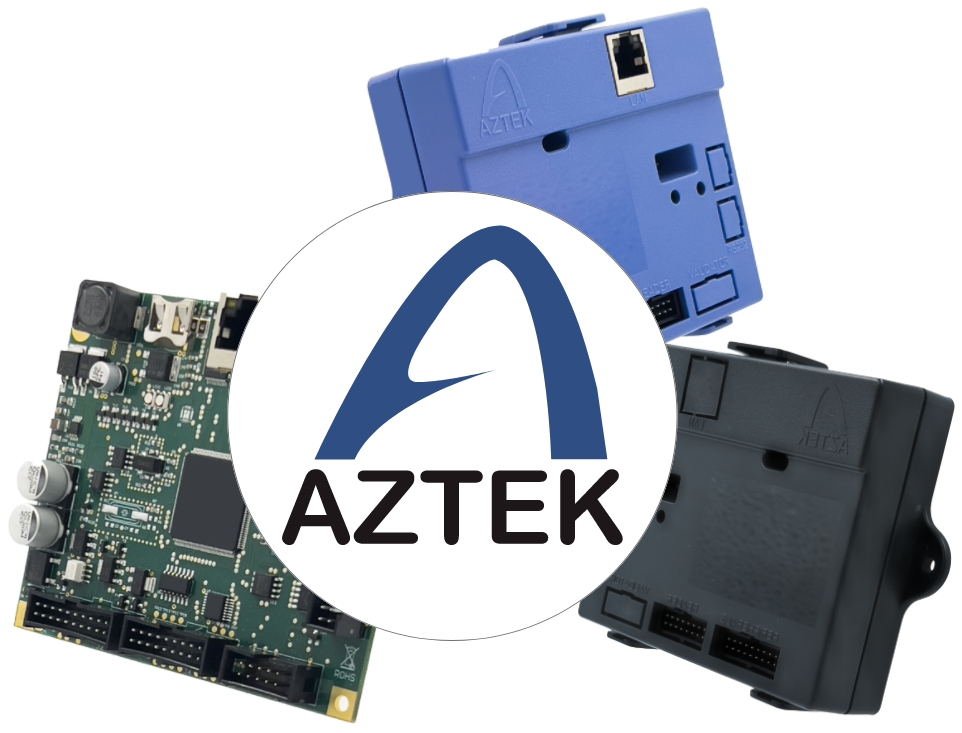 Logo de la société Aztek. Il y a la lettre A en bleu avec le mot AZTEK écrit en dessous
