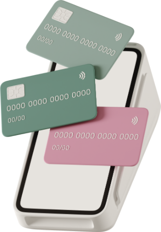 A white electronic payment terminal with a full-screen display and 3 bank cards (one pink, one green and one light green) on it.