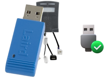 dongle USB bleu en premier plan avec un luxéo light derrière et une icône de tête de cable USB avec un check vert.