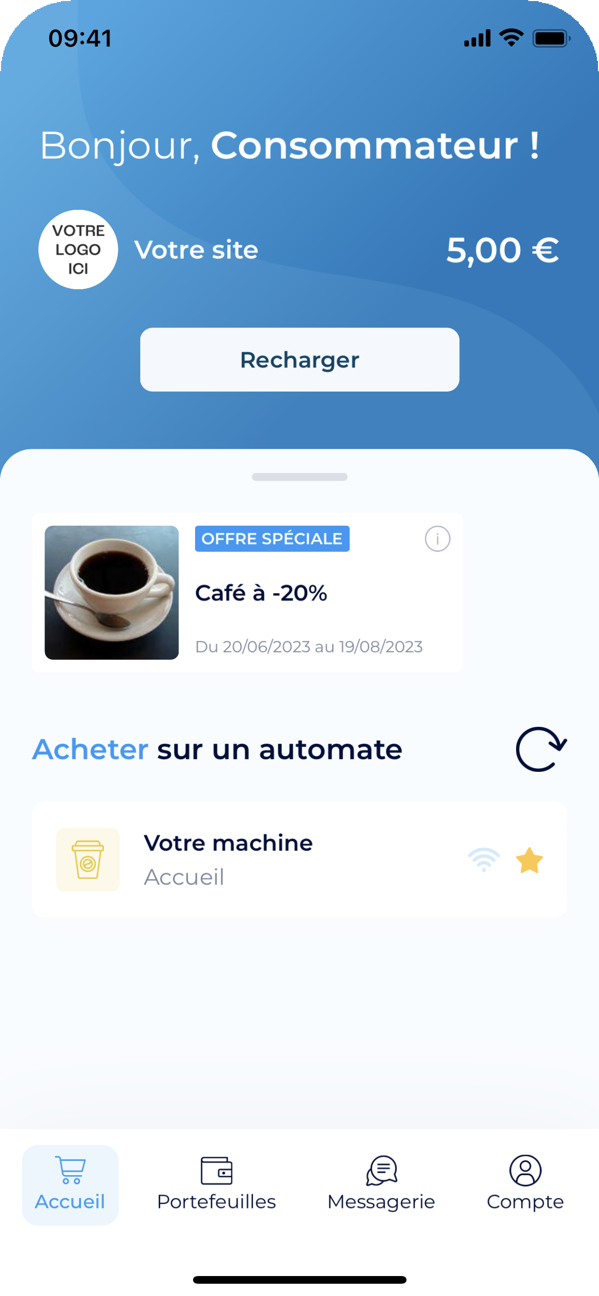 A screenshot of the Payzily app homepage. It shows the user's wallet, a special offer and the nearest vending machine.