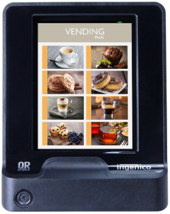 Ingenico bank reader. It features a screen with eight product choices (coffee, croissant, chocolate muffin, donut, gourmet drink, espresso, tea and blueberry muffin) and a button at bottom left.