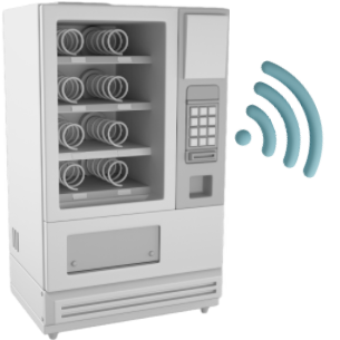 Distributeur automatique blanc avec huits spirales vide et un clavier sur sa partie droite. Il y a un icône Bluetooth avec des ondes qui vont vers la droite.