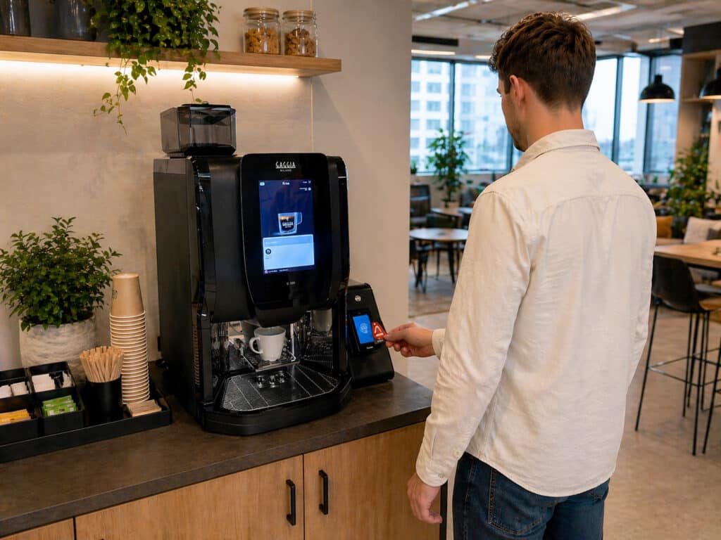 Personne payant avec un badge cashless sur une machine à café – paiement hybride